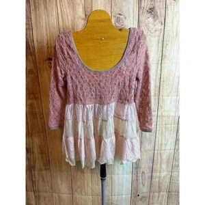 Free People Lace Tulle Scoop Neck Blouse Blush Pink Color Size S